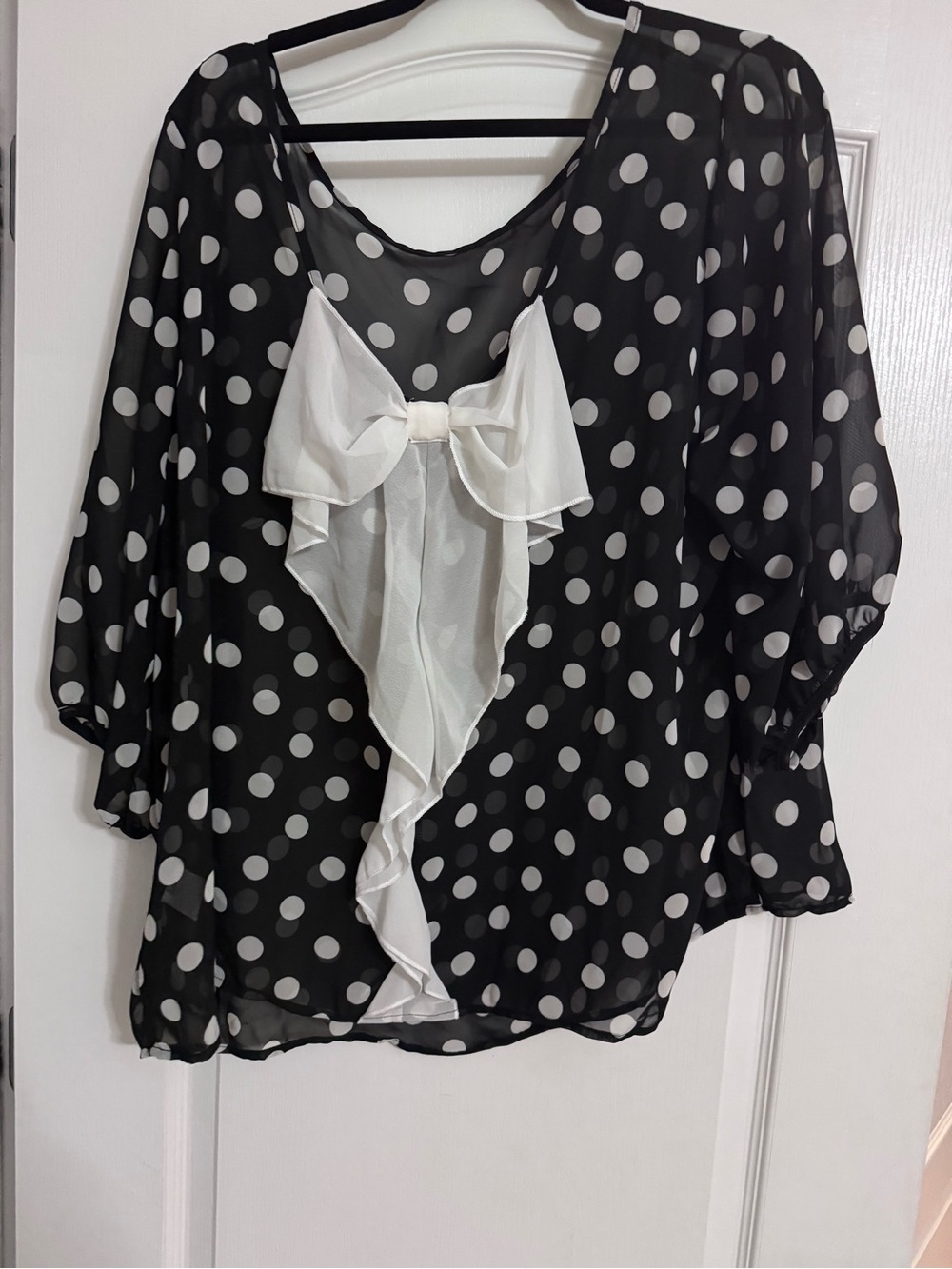 SHEIN Black & White Polka Dot Bow-Front Sheer Blouse